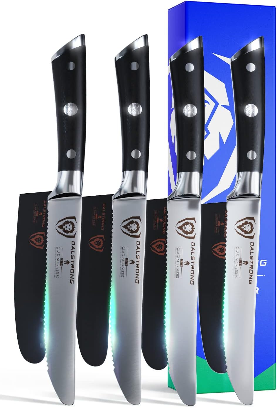 Non Serrated Steak Knives Set of 4-5 inch Straight Blade Steak Knife Set - Sheaths - Forged German Steel - Black G10 Handle - Gladiator Series Elite - Dinner Set - NSF Cuchillos para Carne
