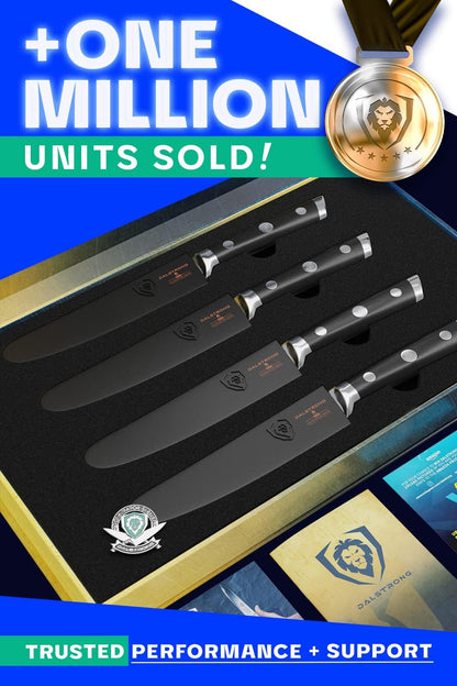 Non Serrated Steak Knives Set of 4-5 inch Straight Blade Steak Knife Set - Sheaths - Forged German Steel - Black G10 Handle - Gladiator Series Elite - Dinner Set - NSF Cuchillos para Carne