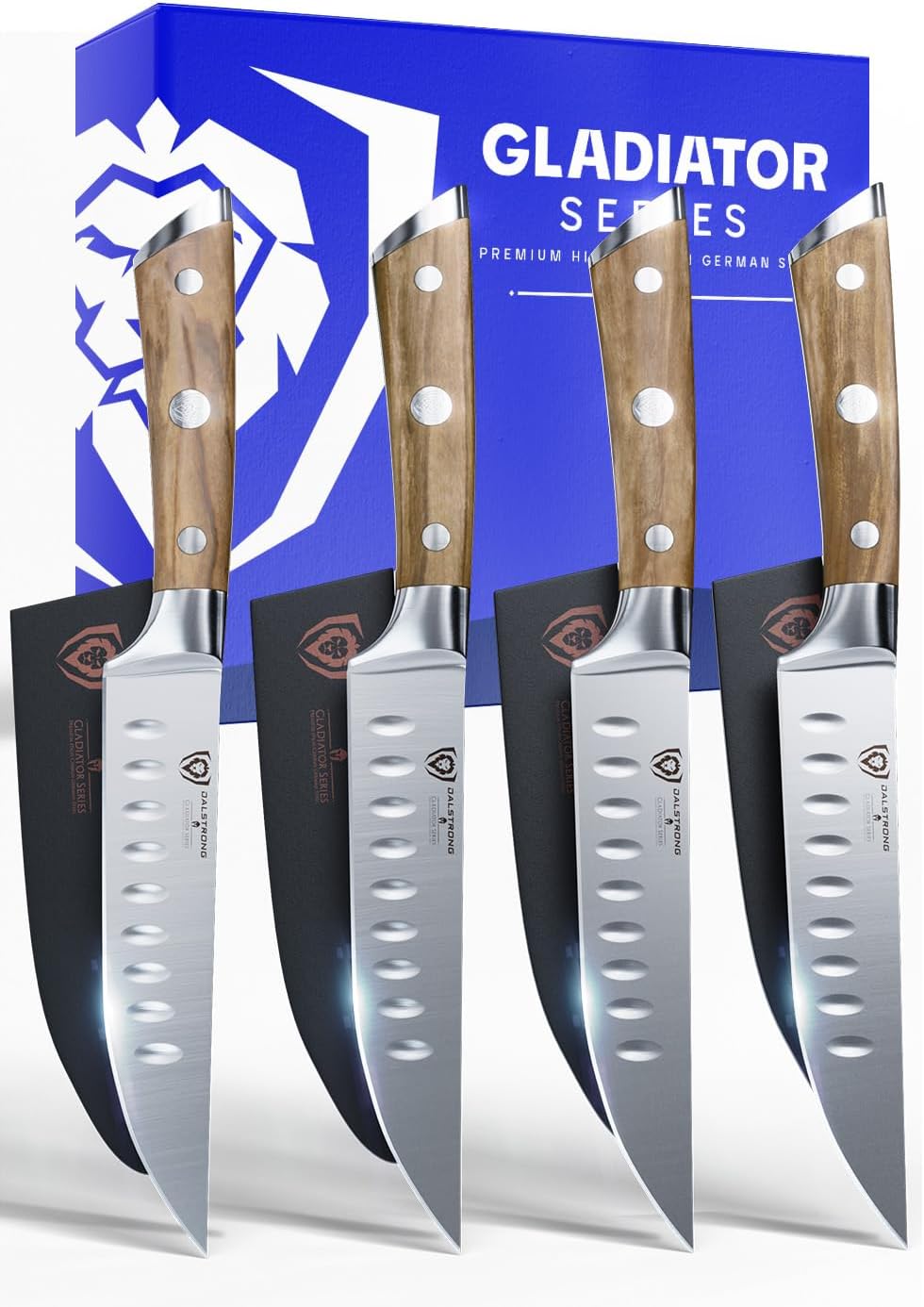 Non Serrated Steak Knives Set of 4-5 inch Straight Blade Steak Knife Set - Sheaths - Forged German Steel - Black G10 Handle - Gladiator Series Elite - Dinner Set - NSF Cuchillos para Carne
