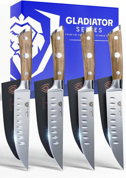Non Serrated Steak Knives Set of 4-5 inch Straight Blade Steak Knife Set - Sheaths - Forged German Steel - Black G10 Handle - Gladiator Series Elite - Dinner Set - NSF Cuchillos para Carne