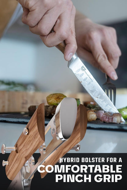 Non Serrated Steak Knives Set of 4-5 inch Straight Blade Steak Knife Set - Sheaths - Forged German Steel - Black G10 Handle - Gladiator Series Elite - Dinner Set - NSF Cuchillos para Carne