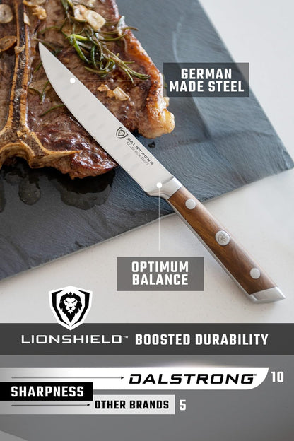 Non Serrated Steak Knives Set of 4-5 inch Straight Blade Steak Knife Set - Sheaths - Forged German Steel - Black G10 Handle - Gladiator Series Elite - Dinner Set - NSF Cuchillos para Carne