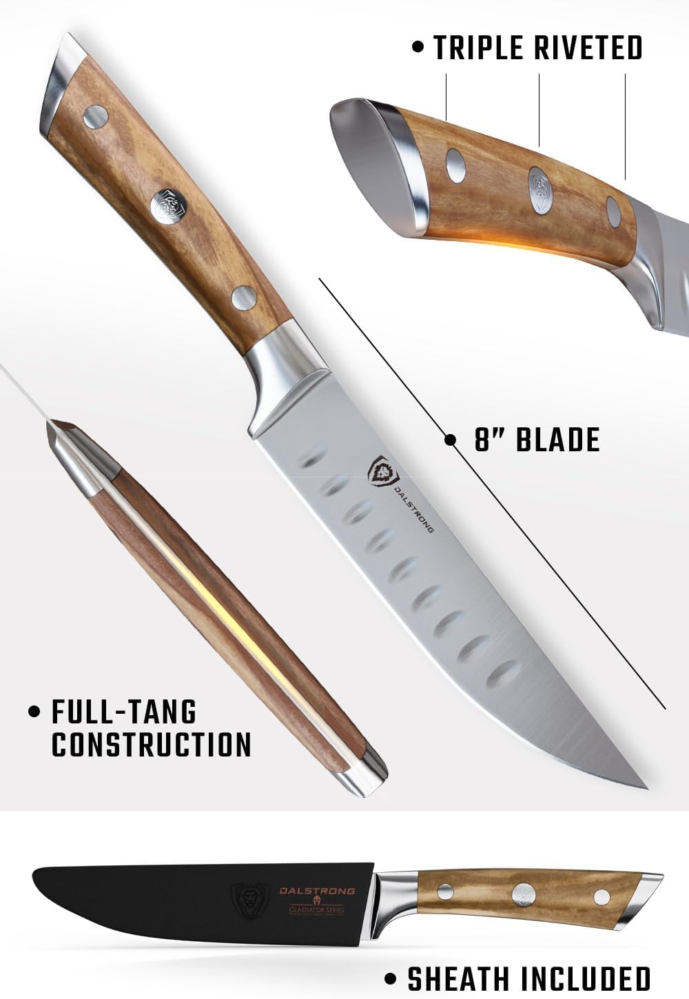 Non Serrated Steak Knives Set of 4-5 inch Straight Blade Steak Knife Set - Sheaths - Forged German Steel - Black G10 Handle - Gladiator Series Elite - Dinner Set - NSF Cuchillos para Carne