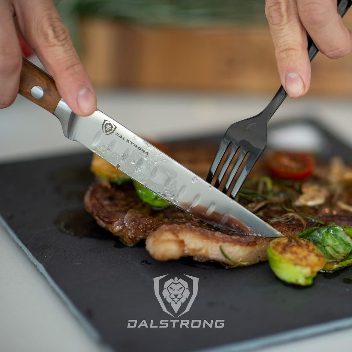 Non Serrated Steak Knives Set of 4-5 inch Straight Blade Steak Knife Set - Sheaths - Forged German Steel - Black G10 Handle - Gladiator Series Elite - Dinner Set - NSF Cuchillos para Carne