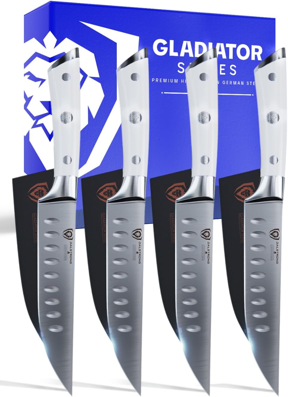 Non Serrated Steak Knives Set of 4-5 inch Straight Blade Steak Knife Set - Sheaths - Forged German Steel - Black G10 Handle - Gladiator Series Elite - Dinner Set - NSF Cuchillos para Carne