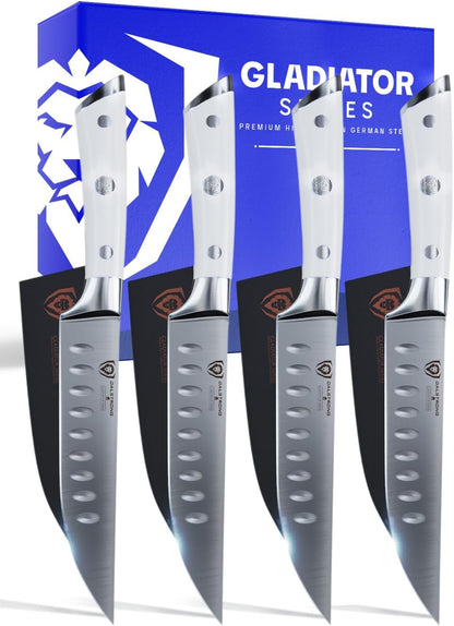Non Serrated Steak Knives Set of 4-5 inch Straight Blade Steak Knife Set - Sheaths - Forged German Steel - Black G10 Handle - Gladiator Series Elite - Dinner Set - NSF Cuchillos para Carne