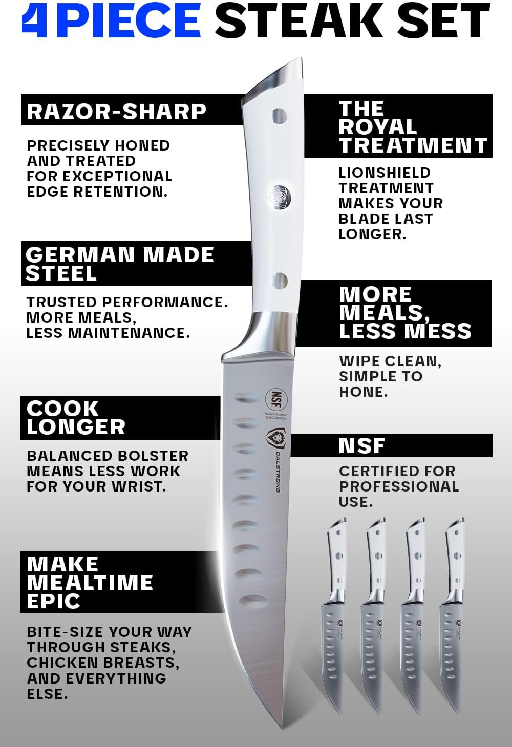 Non Serrated Steak Knives Set of 4-5 inch Straight Blade Steak Knife Set - Sheaths - Forged German Steel - Black G10 Handle - Gladiator Series Elite - Dinner Set - NSF Cuchillos para Carne