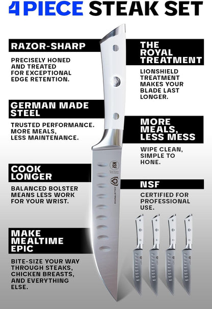 Non Serrated Steak Knives Set of 4-5 inch Straight Blade Steak Knife Set - Sheaths - Forged German Steel - Black G10 Handle - Gladiator Series Elite - Dinner Set - NSF Cuchillos para Carne
