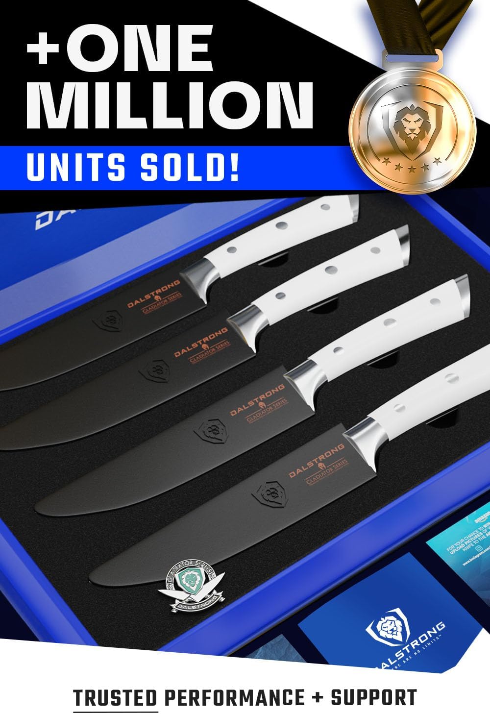 Non Serrated Steak Knives Set of 4-5 inch Straight Blade Steak Knife Set - Sheaths - Forged German Steel - Black G10 Handle - Gladiator Series Elite - Dinner Set - NSF Cuchillos para Carne
