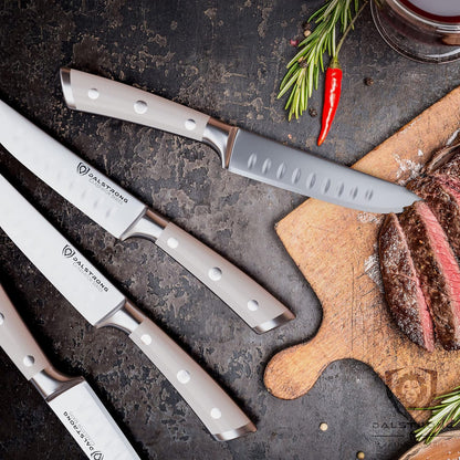 Non Serrated Steak Knives Set of 4-5 inch Straight Blade Steak Knife Set - Sheaths - Forged German Steel - Black G10 Handle - Gladiator Series Elite - Dinner Set - NSF Cuchillos para Carne