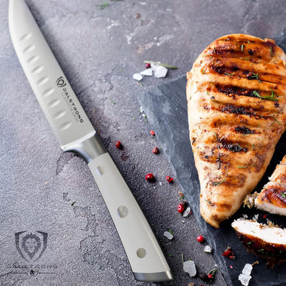 Non Serrated Steak Knives Set of 4-5 inch Straight Blade Steak Knife Set - Sheaths - Forged German Steel - Black G10 Handle - Gladiator Series Elite - Dinner Set - NSF Cuchillos para Carne