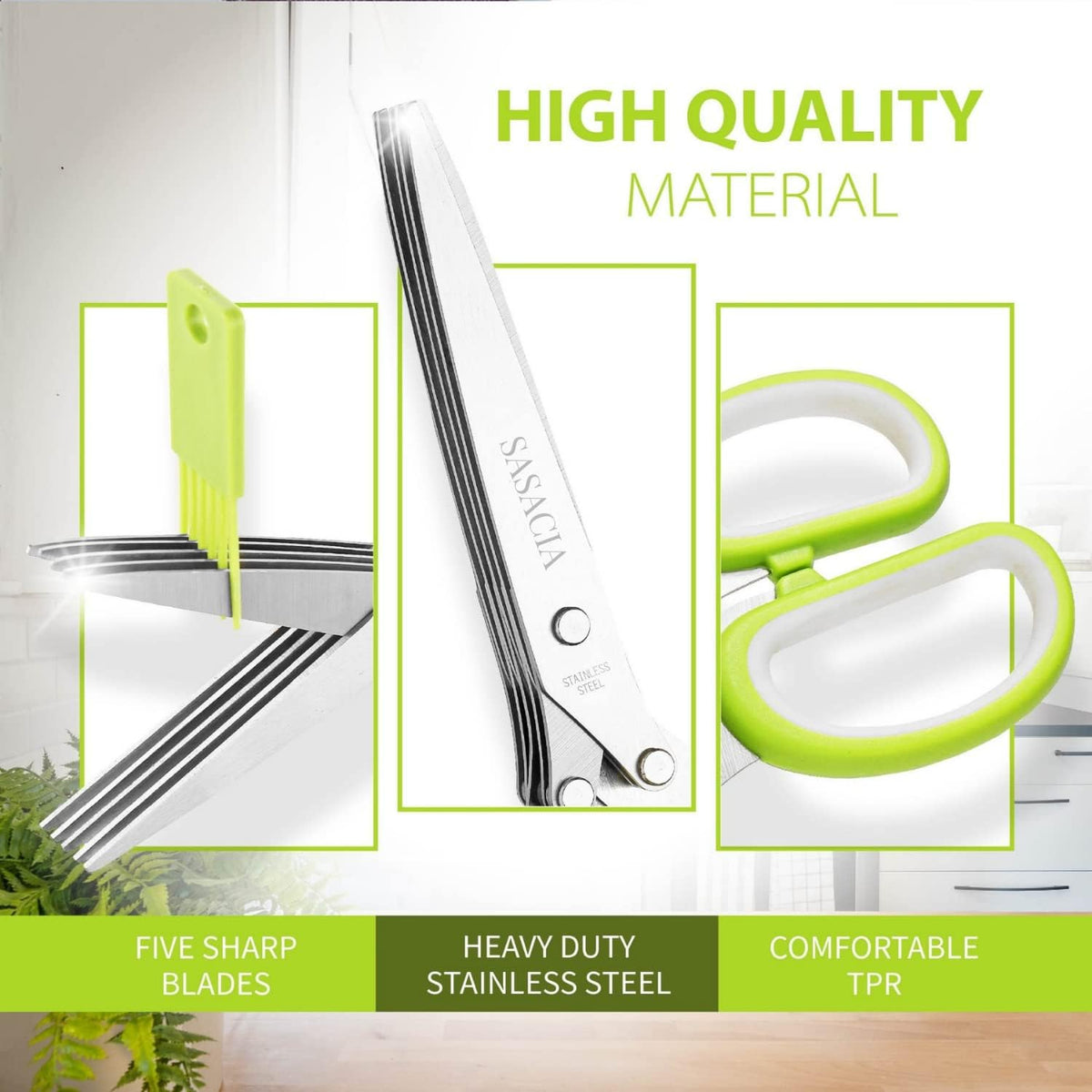 Herb Scissors with 5 Blades & Cleaning Kit, Stainless Steel Kitchen Shears for Herbs, Lettuce, Cilantro, Dishwasher Safe, Soft-Grip Handle