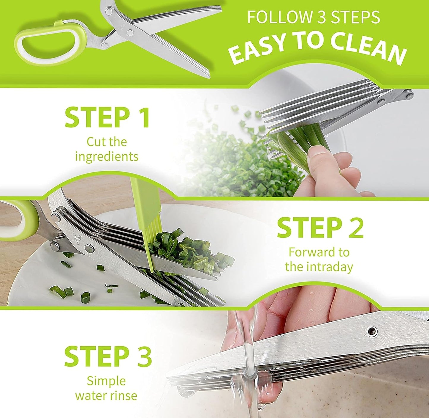 Herb Scissors with 5 Blades & Cleaning Kit, Stainless Steel Kitchen Shears for Herbs, Lettuce, Cilantro, Dishwasher Safe, Soft-Grip Handle