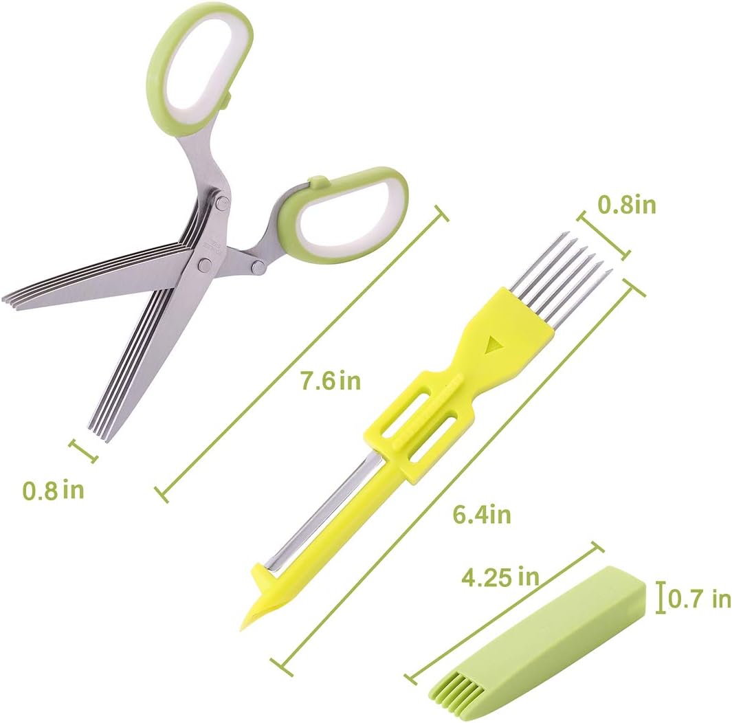 Herb Scissors with 5 Blades & Cleaning Kit, Stainless Steel Kitchen Shears for Herbs, Lettuce, Cilantro, Dishwasher Safe, Soft-Grip Handle
