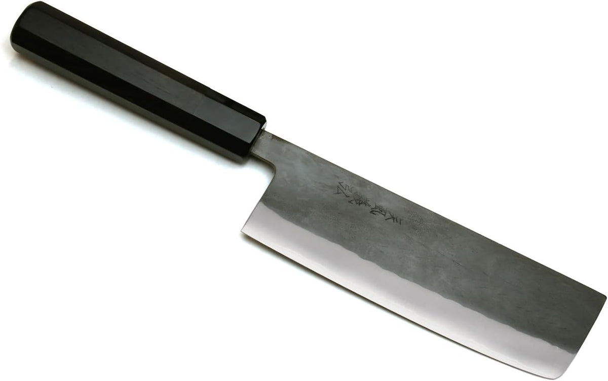 Yoshihiro Kurouchi Black-Forged Blue Steel Stainless Clad Nakiri Japanese Vegetable Knife Ebony Handle (6.5'' (165mm) & No Saya)