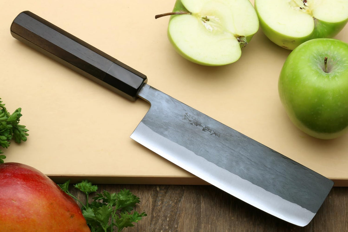 Yoshihiro Kurouchi Black-Forged Blue Steel Stainless Clad Nakiri Japanese Vegetable Knife Ebony Handle (6.5'' (165mm) & No Saya)