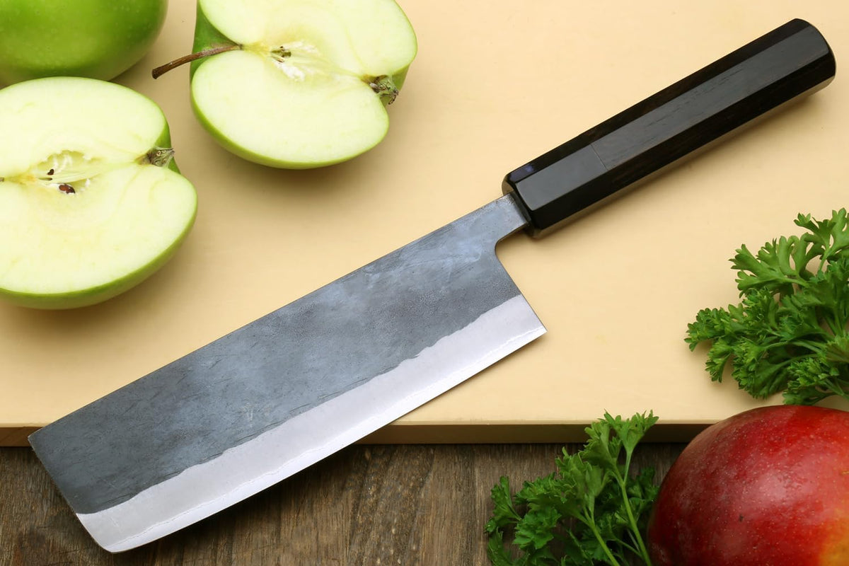 Yoshihiro Kurouchi Black-Forged Blue Steel Stainless Clad Nakiri Japanese Vegetable Knife Ebony Handle (6.5'' (165mm) & No Saya)