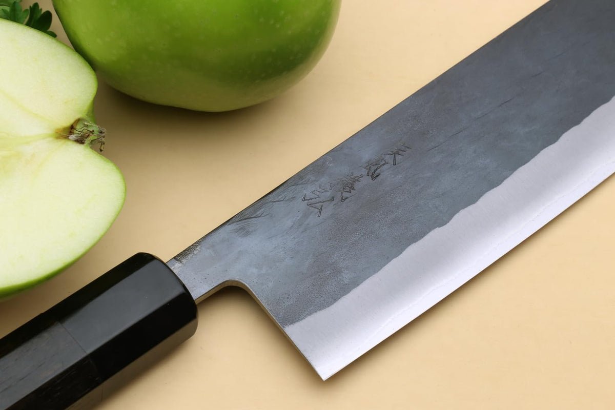 Yoshihiro Kurouchi Black-Forged Blue Steel Stainless Clad Nakiri Japanese Vegetable Knife Ebony Handle (6.5'' (165mm) & No Saya)