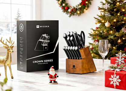 15PCS Kitchen Knife Set with Wooden Block, Razor Sharp, Crown Black | High Carbon Stainless Steel, Professional Performance, Ergonomic Handle, Versatile Daily Kitchen Helper, Ideal Gift Option