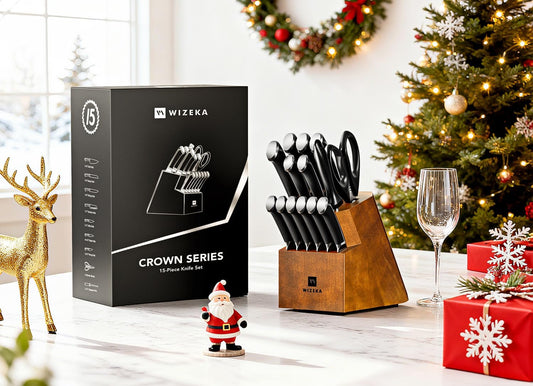 15PCS Kitchen Knife Set with Wooden Block, Razor Sharp, Crown Black | High Carbon Stainless Steel, Professional Performance, Ergonomic Handle, Versatile Daily Kitchen Helper, Ideal Gift Option
