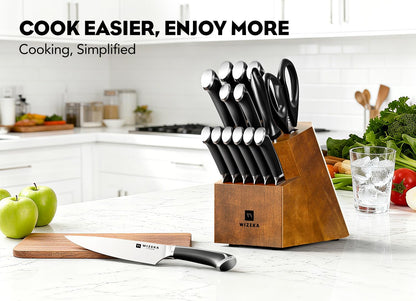 15PCS Kitchen Knife Set with Wooden Block, Razor Sharp, Crown Black | High Carbon Stainless Steel, Professional Performance, Ergonomic Handle, Versatile Daily Kitchen Helper, Ideal Gift Option