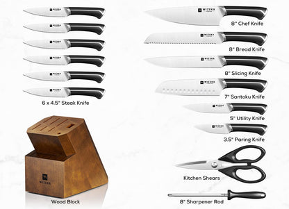 15PCS Kitchen Knife Set with Wooden Block, Razor Sharp, Crown Black | High Carbon Stainless Steel, Professional Performance, Ergonomic Handle, Versatile Daily Kitchen Helper, Ideal Gift Option