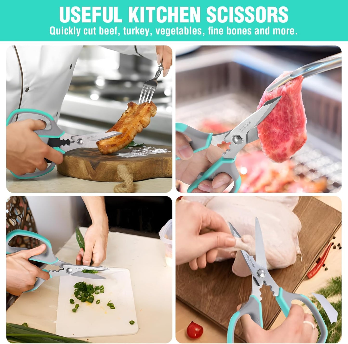 Kitchen Scissors for Food, Heavy Duty Kitchen Shears, Sharp Stainless Steel Shears with Soft Grip, U-Groove Design, 8-1/4" Food Scissors for Meat, Vegetables, Fine Bones