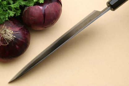 Yoshihiro Kurouchi Black-Forged Blue Steel Stainless Clad Gyuto Chefs Knife Ebony Handle (8.25'' (210mm) & Saya)