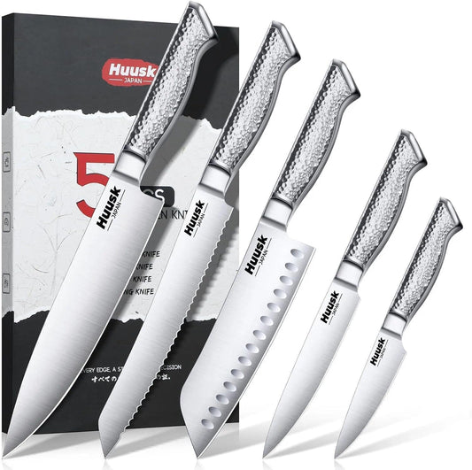 Huusk Chef Knife Set of 5, Japanese Stainless Steel Knife Set Dishwasher Safe, Ultra Sharp Kitchen Knives Sets with Ergonomic Anti-slip Handle, Professional Cooking Knives Sets, Fathers' Day Gift