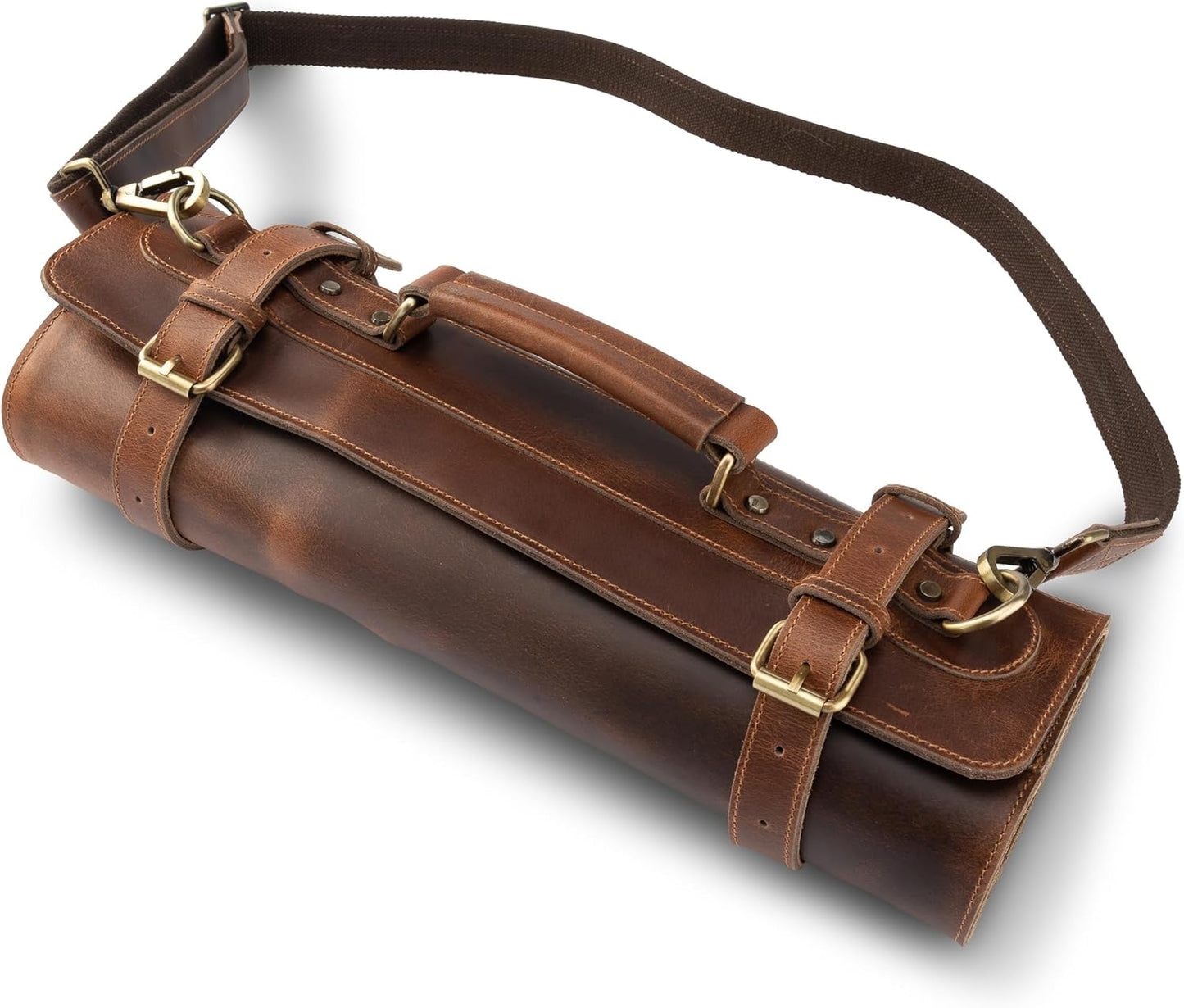 premium leather knife roll storage bag XXL - 14 pockets, buffalo leather with shoulder strap, chef's knife bag case Rene (Walnut-Brown)
