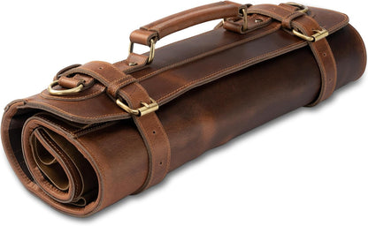 premium leather knife roll storage bag XXL - 14 pockets, buffalo leather with shoulder strap, chef's knife bag case Rene (Walnut-Brown)