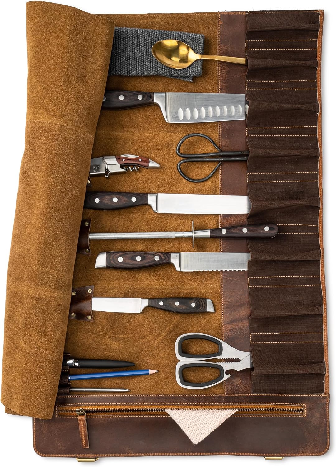 premium leather knife roll storage bag XXL - 14 pockets, buffalo leather with shoulder strap, chef's knife bag case Rene (Walnut-Brown)