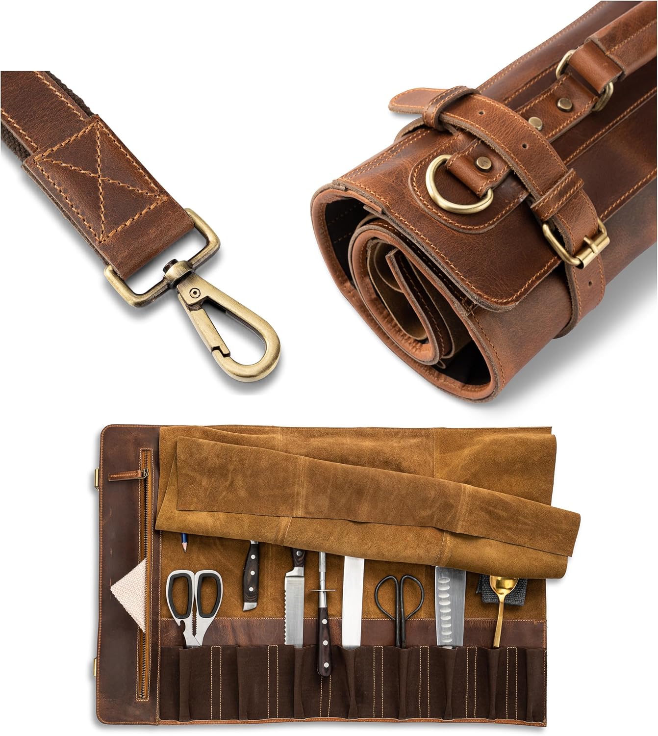 premium leather knife roll storage bag XXL - 14 pockets, buffalo leather with shoulder strap, chef's knife bag case Rene (Walnut-Brown)