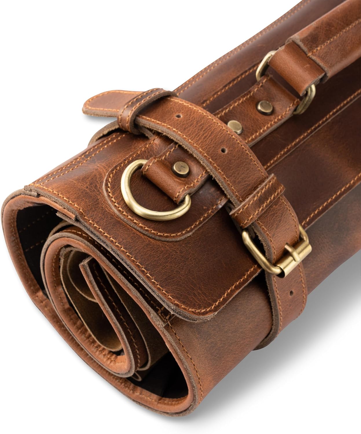 premium leather knife roll storage bag XXL - 14 pockets, buffalo leather with shoulder strap, chef's knife bag case Rene (Walnut-Brown)