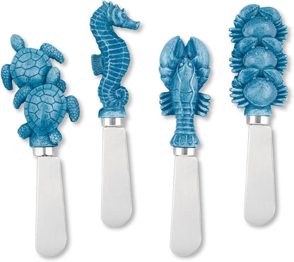 Blue Wash Sea Animals Cheese Spreaders, Hand-Painted Resin Handles with Stainless Steel Blades for Spreading Cream Cheese, Butter, and Jam, Assorted Designs, Set of 4