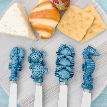 Blue Wash Sea Animals Cheese Spreaders, Hand-Painted Resin Handles with Stainless Steel Blades for Spreading Cream Cheese, Butter, and Jam, Assorted Designs, Set of 4