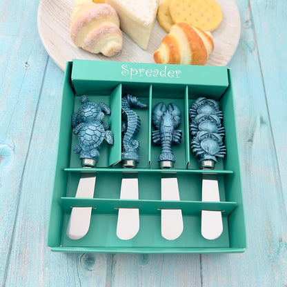 Blue Wash Sea Animals Cheese Spreaders, Hand-Painted Resin Handles with Stainless Steel Blades for Spreading Cream Cheese, Butter, and Jam, Assorted Designs, Set of 4