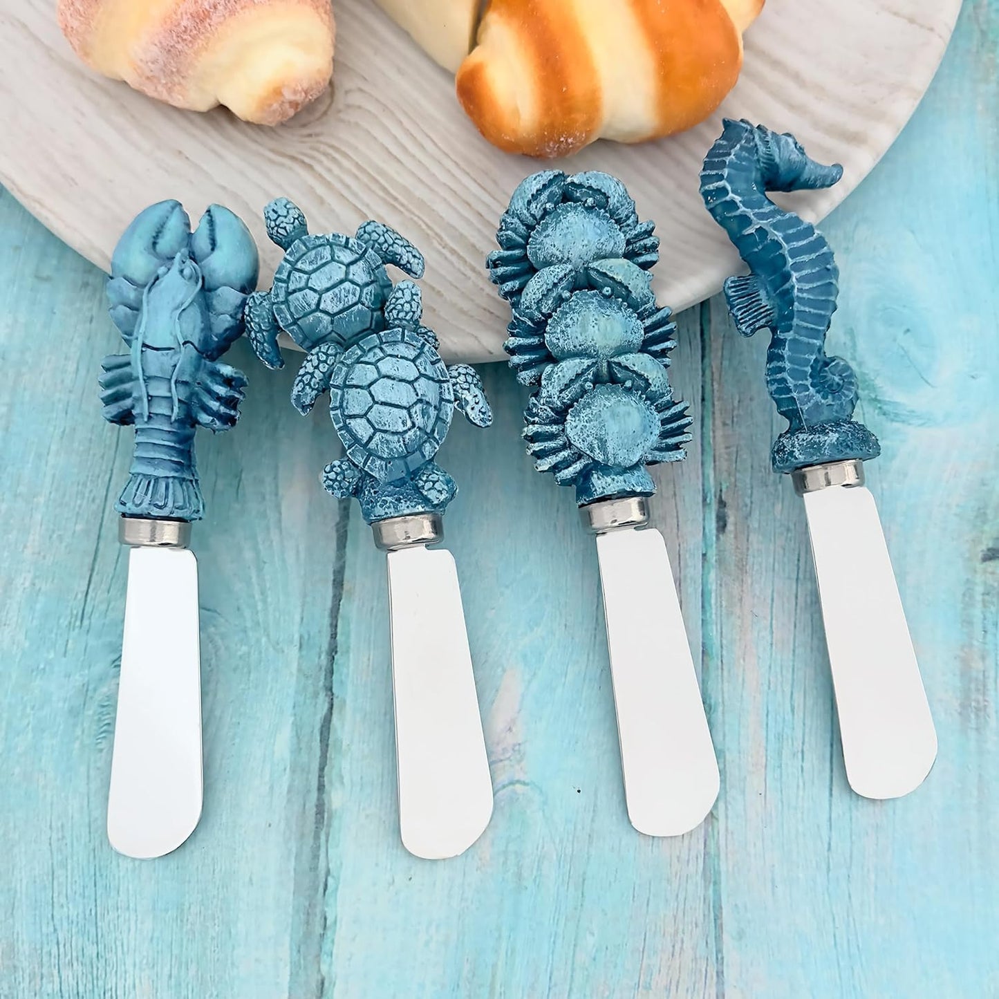 Blue Wash Sea Animals Cheese Spreaders, Hand-Painted Resin Handles with Stainless Steel Blades for Spreading Cream Cheese, Butter, and Jam, Assorted Designs, Set of 4