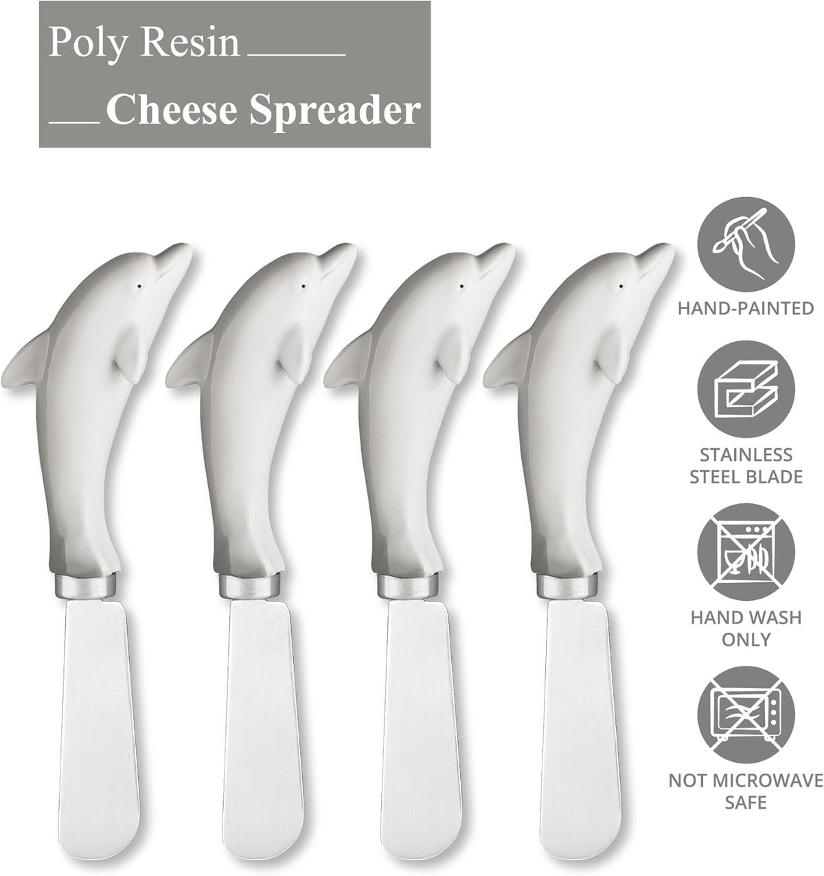Blue Wash Sea Animals Cheese Spreaders, Hand-Painted Resin Handles with Stainless Steel Blades for Spreading Cream Cheese, Butter, and Jam, Assorted Designs, Set of 4