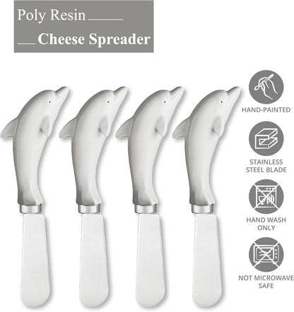 Blue Wash Sea Animals Cheese Spreaders, Hand-Painted Resin Handles with Stainless Steel Blades for Spreading Cream Cheese, Butter, and Jam, Assorted Designs, Set of 4
