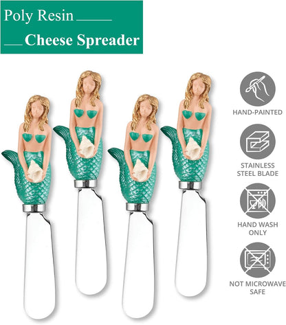 Blue Wash Sea Animals Cheese Spreaders, Hand-Painted Resin Handles with Stainless Steel Blades for Spreading Cream Cheese, Butter, and Jam, Assorted Designs, Set of 4
