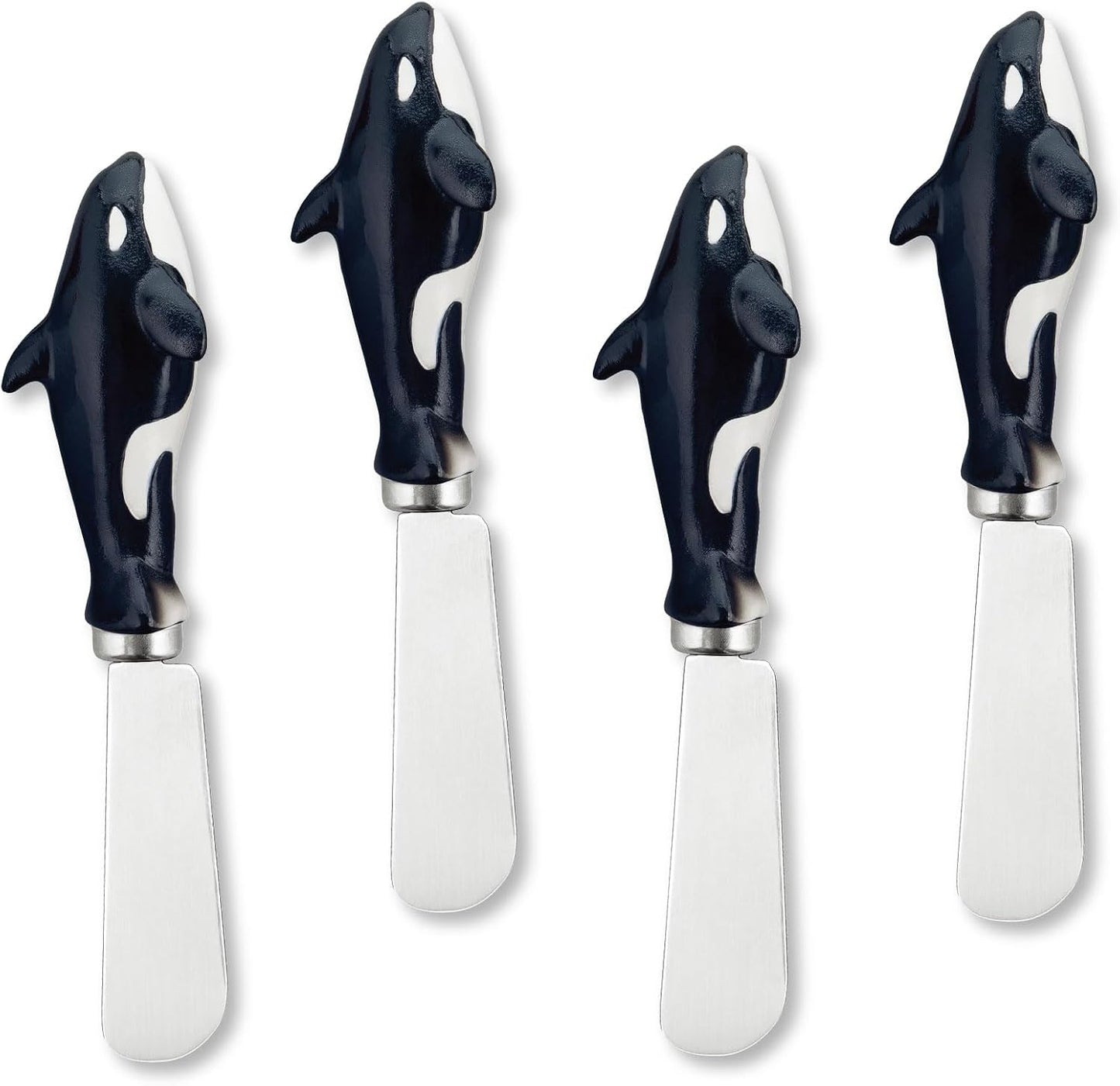 Blue Wash Sea Animals Cheese Spreaders, Hand-Painted Resin Handles with Stainless Steel Blades for Spreading Cream Cheese, Butter, and Jam, Assorted Designs, Set of 4