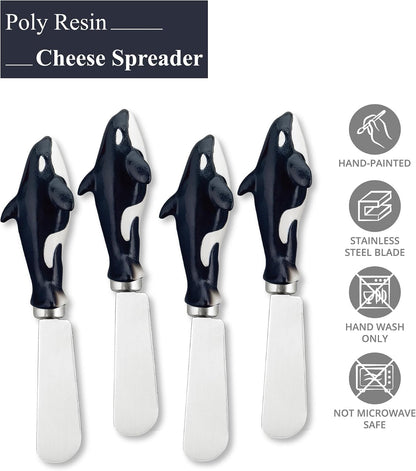 Blue Wash Sea Animals Cheese Spreaders, Hand-Painted Resin Handles with Stainless Steel Blades for Spreading Cream Cheese, Butter, and Jam, Assorted Designs, Set of 4