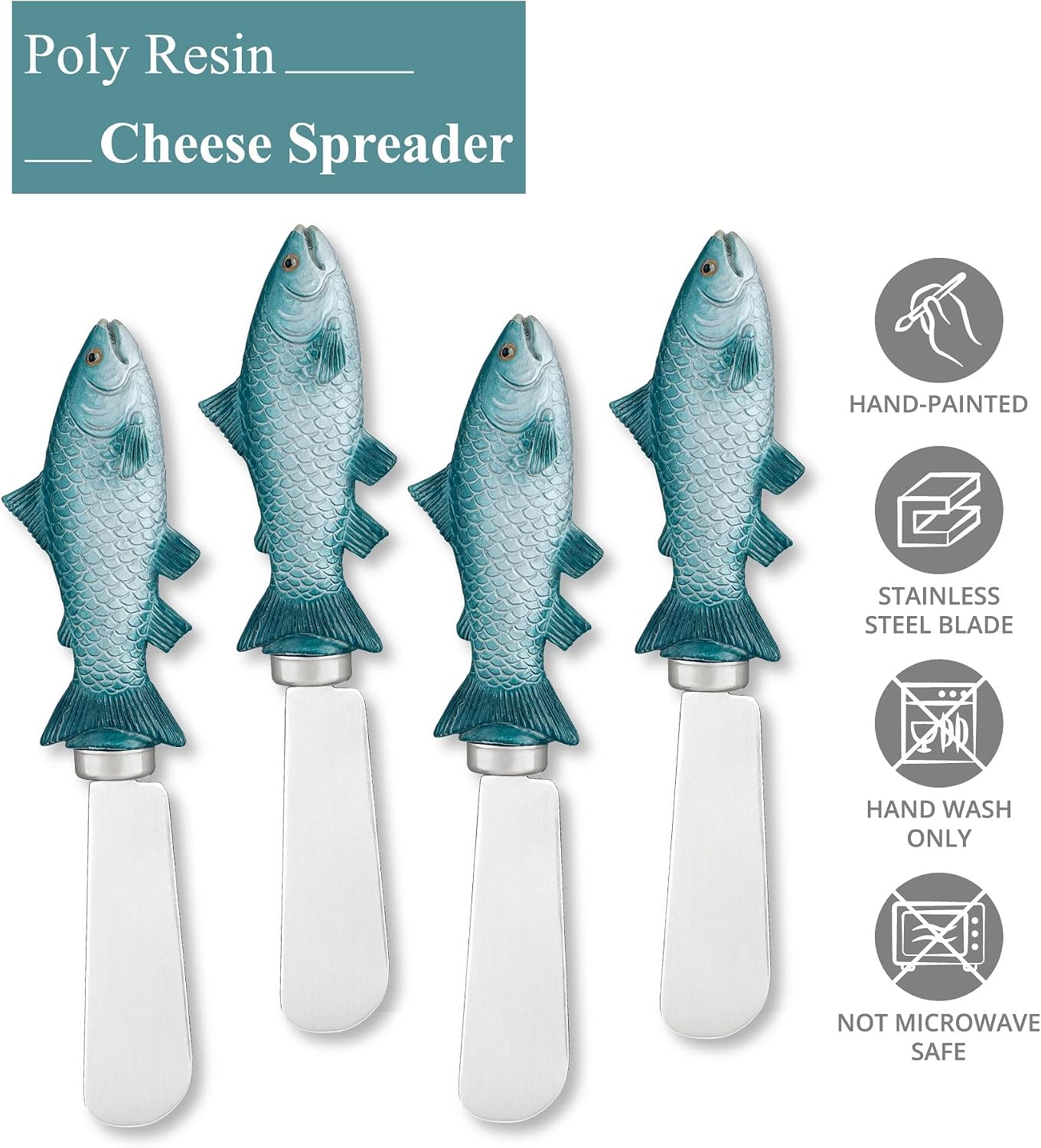 Blue Wash Sea Animals Cheese Spreaders, Hand-Painted Resin Handles with Stainless Steel Blades for Spreading Cream Cheese, Butter, and Jam, Assorted Designs, Set of 4