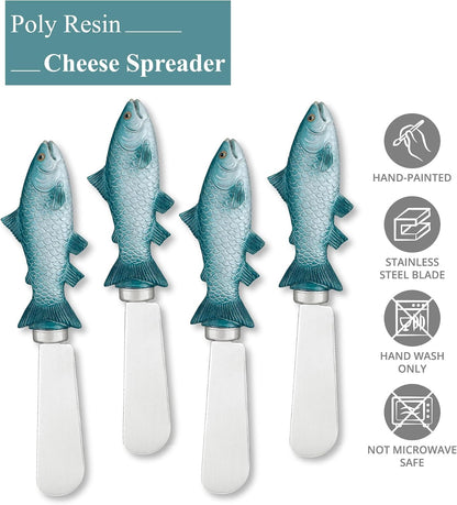 Blue Wash Sea Animals Cheese Spreaders, Hand-Painted Resin Handles with Stainless Steel Blades for Spreading Cream Cheese, Butter, and Jam, Assorted Designs, Set of 4