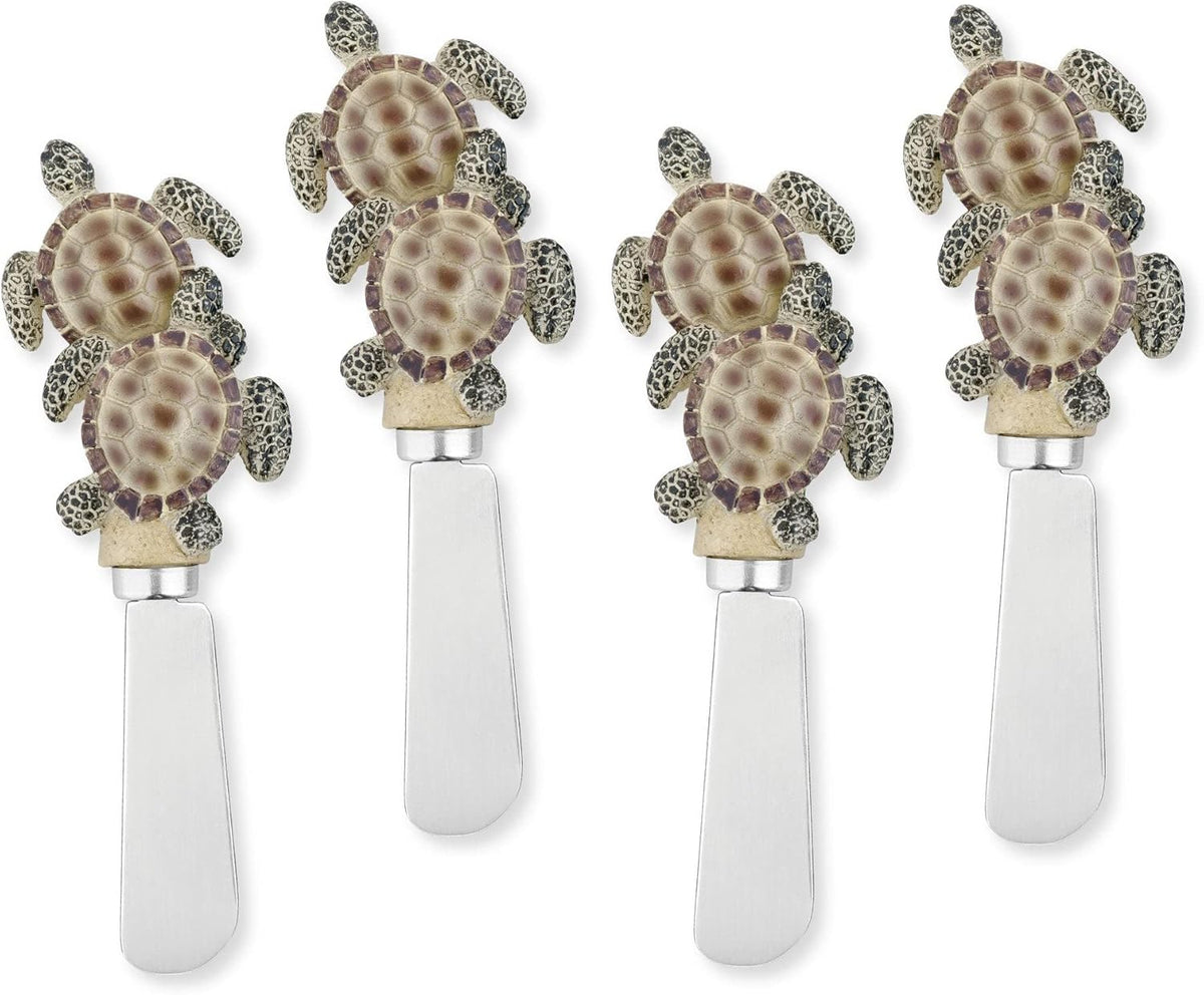 Blue Wash Sea Animals Cheese Spreaders, Hand-Painted Resin Handles with Stainless Steel Blades for Spreading Cream Cheese, Butter, and Jam, Assorted Designs, Set of 4