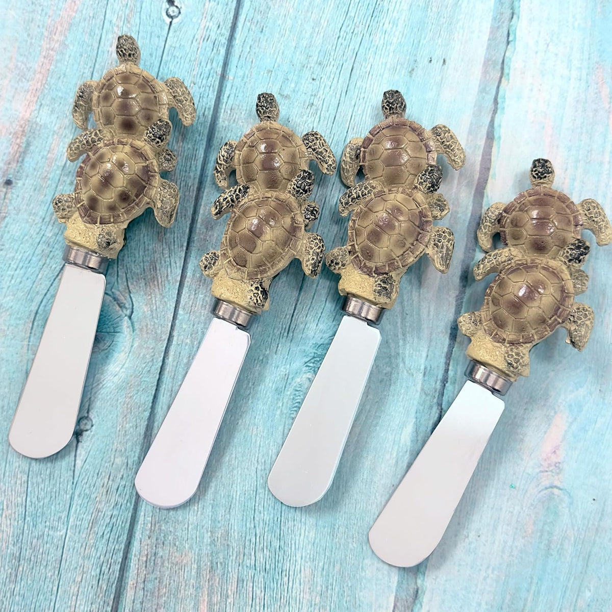 Blue Wash Sea Animals Cheese Spreaders, Hand-Painted Resin Handles with Stainless Steel Blades for Spreading Cream Cheese, Butter, and Jam, Assorted Designs, Set of 4