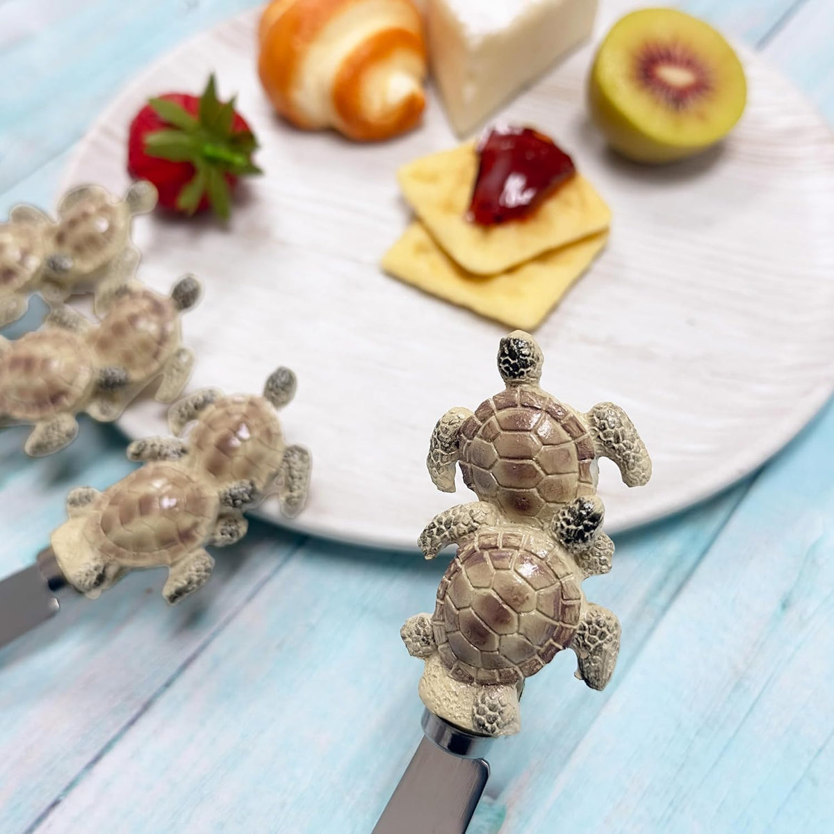 Blue Wash Sea Animals Cheese Spreaders, Hand-Painted Resin Handles with Stainless Steel Blades for Spreading Cream Cheese, Butter, and Jam, Assorted Designs, Set of 4