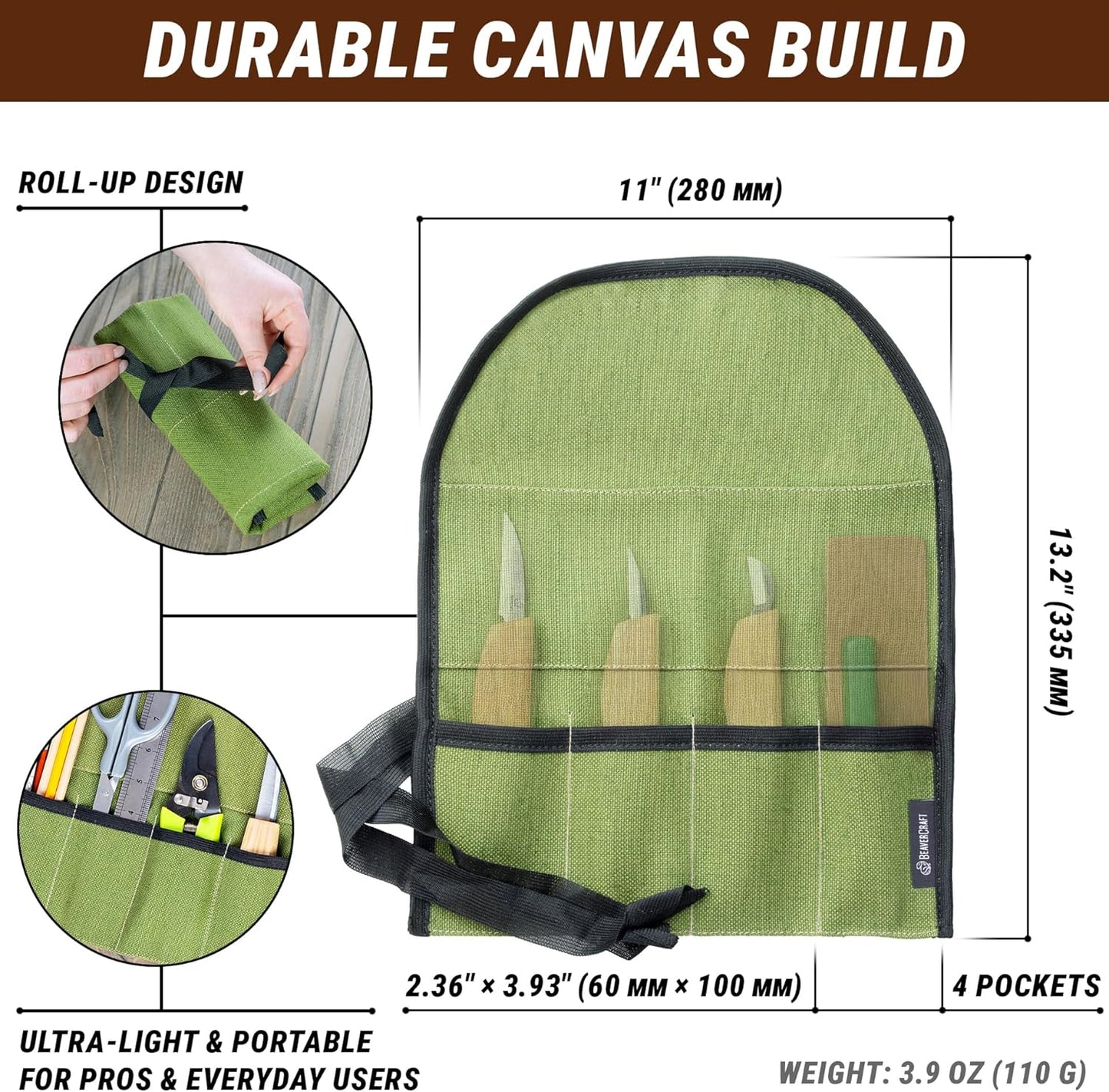 TR4 Rolling Small Tool up Organizer Bag 4 Pockets Wrench roll up Pouch Gear roll up Tool Pouch for Knives and chisels Storage with 4 Slots
