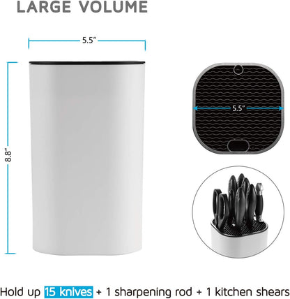 Universal Knife Block for Kitchen, Knife Holder without Knives, Safe Space Saver Large Volume Stable Knife Storage with Scissors and Sharpening Rod Slot, Detachable for Easy Cleaning - White